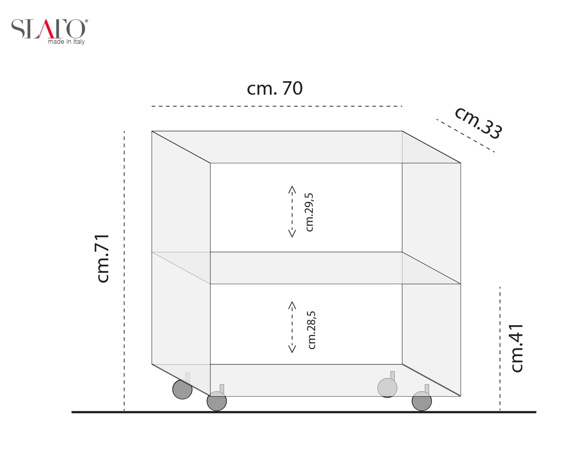 Slato Cleo Maxi - Mobiletto o Carrello con Ruote in Cristallo Acrilico, 70 x 33 x 71 cm, Trasparente da Soggiorno a Tre Ripiani, Leggero, Elegante, Porta Oggetti, Design Moderno Made in Italy