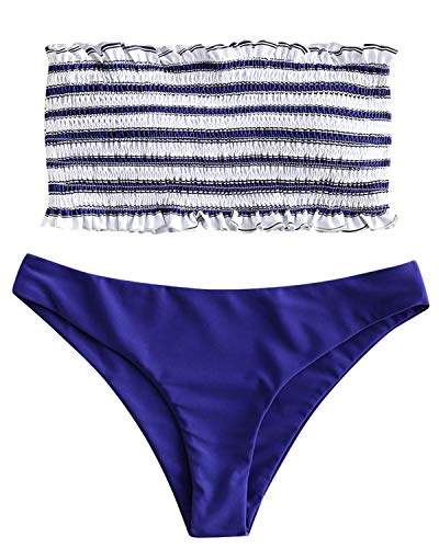 ZAFUL Women's Striped Smocked Bandeau Top Two Piece Bikini Set Strapless Shirred Swimsuits Swimwear (Blue, S)