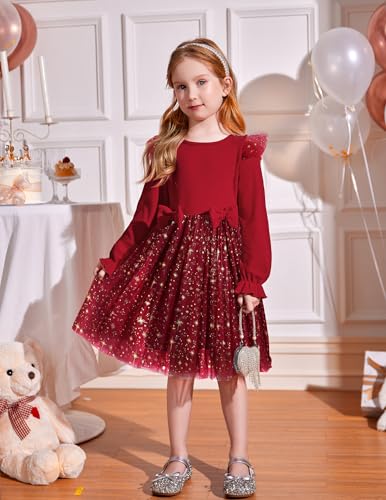 Image of Arshiner Toddler Girls Tulle Dresses with Bow Tie Fall Winter Long Sleeve Formal Party Dress 1-7 Y