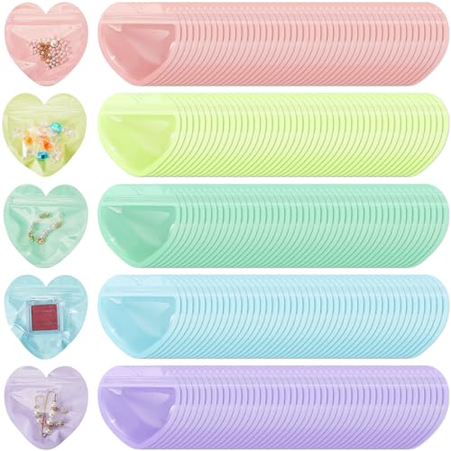Sayglossy 300 Pcs Colorful Heart Shaped Jewelry Bags for Small Business 3.9 x 3.9 Inch Resealable Zip with Top Lock Packaging Cute Baggies for Necklace Earring Bracelets Trinkets Sample