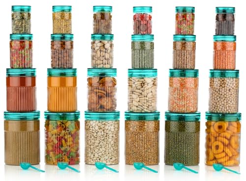 Image of pet Food Storage Containers Set with Airtight Lids, Kitchen Organisation Jars for Pasta, Spices, Dry Goods, Stackable (24 Pcs SKY)
