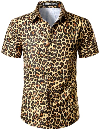 PARKLEES Chemise à manches courtes imprimée léopard pour homme, décontractée, avec boutonnage, imprimée au motif guépard, doré, S