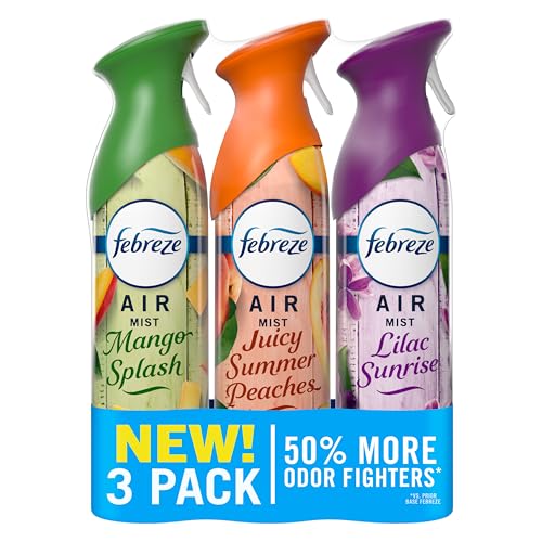 Image of Febreze Air Mist, Air Freshener, Odor Fighting Room Spray, Deodorizer for Home Bathroom Kitchen Office Apartment Classroom, Lilac Sunrise, Summer Peaches, Mango Splash Variety Pack, 8.1oz (Pack of 3)