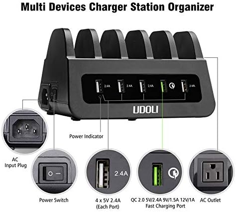 DELA DISCOUNT 51nyTrhCW7L._AC_ UDOLI 5 USB Ports Charging Station Organizer for Multiple Devices Fast Charging Desktop Stand for Apple Android Phone Tablet 1600W 2 AC Power Outlets Charger Dock for Home Office 3 Prong Cord Black  