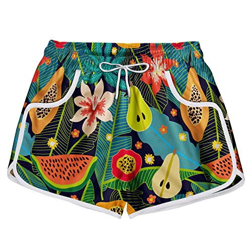 Highhood Women Swim Shorts With Pockets Hawaiian Swimwear Bottoms Quick Dry Floral Board Shorts (Fruit_Multicolor(New), M) #TOP2