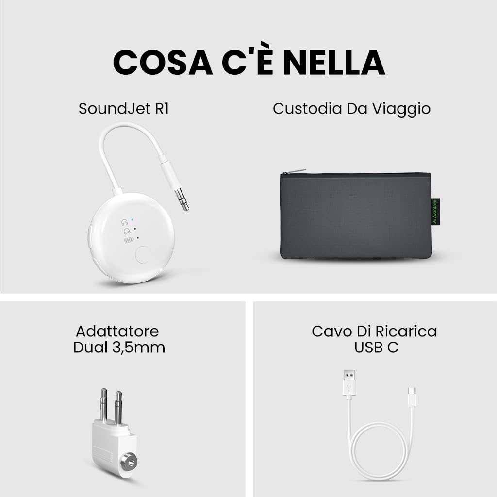 Avantree SoundJet R1 – Adattatore Bluetooth Aereo per Cuffie e AirPods, aptX Adaptive, Qualcomm Chipset, 20 ore di riproduzione, Trasmettitore Audio Wireless per Viaggi - Bianco