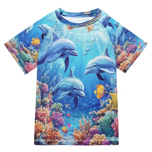 Toddler Boy Rash Guard Short Sleeve Swim Shirt Dolphin Print Rashguard 9-10T Beach Shirts Quick Dry,044