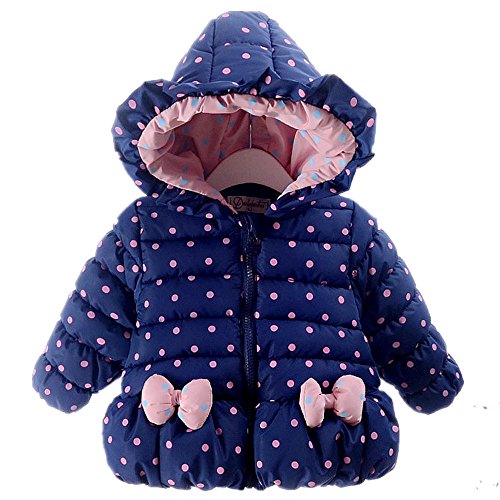Ding Dong Baby Kid Girl Winter Hooded Bowknot Dot Coat(Navy,3T)