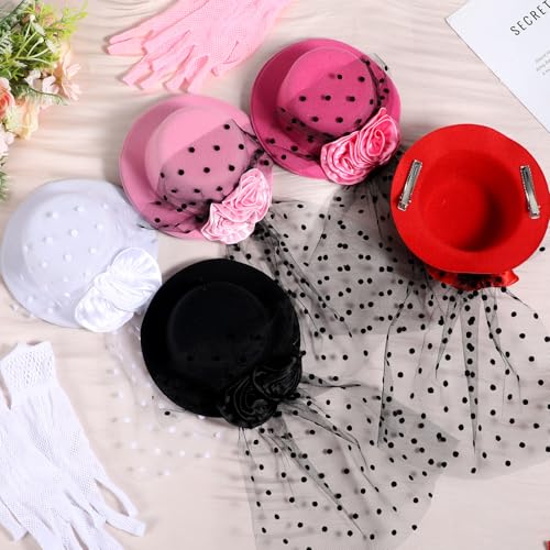 10 Pcs Mini Tea Party Hats for Girls with Gloves Sets, Mini Hat Hair Clip Fascinators Veil Mesh Hats Tea Party Accessories for Girls Kids, 5.3'' Diam, Multicolor4