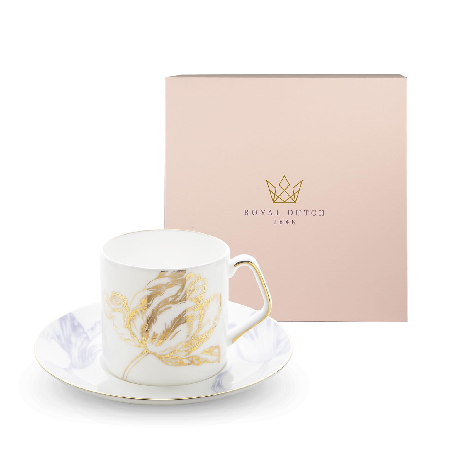 Royal Dutch Fine Bone China Espresso Cup and Saucer, 6.8 Fl Oz Coffee Mug, Luxury Tea Cup Set with Tulip Patterns, Golden Cup and Blue Saucer