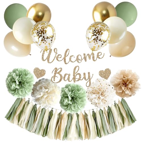Sage Green Baby Shower Decorations Gender Neutral Baby Shower Decorations with Welcome Baby Banner Balloons Pom Poms Tassel Garland Neutral Gender Reveal Birthday Party Supplies