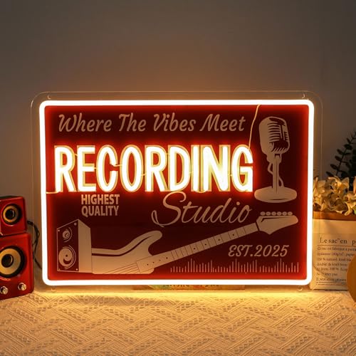 Image of Custom Recording Neon Sign, Personalized Guitar & Microphone Name LED Sign, Customized Gifts for Musicians Audiophiles Enthusiasts, Dimmable Large Neon Light Up Music Signs, Music Studio Room Decorations