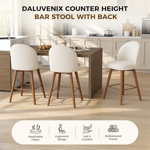 Image of Modern Swivel Bar Stools Set of 2, Chic Upholstered Counter Height(26IN) Bar Chair with Back, Solid Wood Legs and Footrest, Comfortable Chenille Bar Stool for Kitchen Island, Cream White