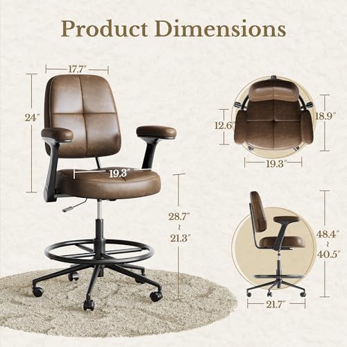 Image of Drafting Executive Chair, Tall Office Chair with Padded Flip-Up Armrests, Mid-Back Cushioned Seat, 360 Swivel Rolling Computer Desk Chair for Standing Desk & Home Office, Vintage Brown