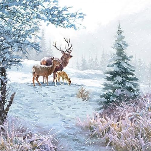 Set of 2 Individual Decoupage Paper Party Napkin Deer Family Winter Snow Watercolor Decor Luncheon Napkins for a Birthday Holiday, Wedding, Cocktail Party