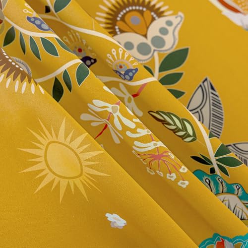 Image of XiDi Mustard Yellow Patterned Blackout Curtains 84 Inches Long 2 Panels | Vintage Floral Curtains for Bedroom Living Room, Thermal Insulated Grommet Top Luxury Mid Century Colorful Drapes, 52x84