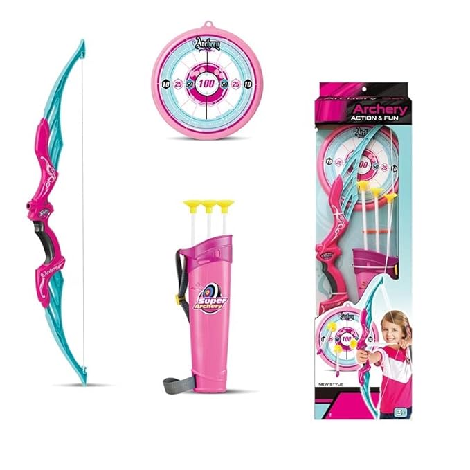 Tec Tavakkal Kids Bow & Arrow Toy, Boys and Girls Basic Archery Set Outdoor Hunting Game with 3 Suction Cup Arrows, Target & Quiver (Pink)