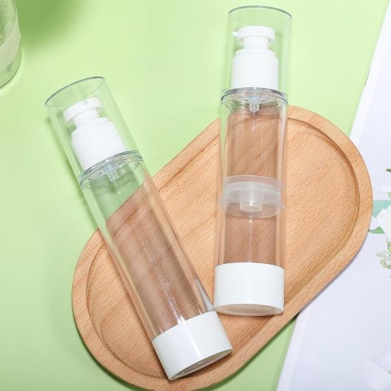 JAMBUVANTI 50 ml Clear/Transparent Airless Pump Bottle with finish Cap for Beauty Products, Makeup, Foundations, and Serums Lightweight Leak Proof and Shockproof Refillable (1) 1