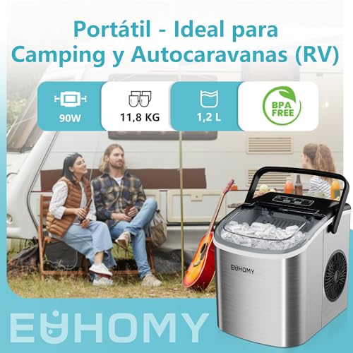 EUHOMY Máquina de hielo pequeña, 9 cubitos de hielo en 6 minutos, 12 kg/24 H, máquina de hielo de acero inoxidable con mango portátil, máquina compacta de hielo autolimpiante para el hogar/cocina - imagen 3