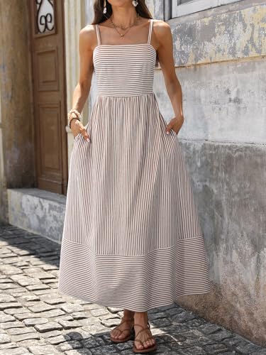 Image of Caracilia Womens Maxi Dresses Gingham Spaghetti Strap Back Smocked Flowy Long Sundress Summer Beach Vacation Clothes 2026