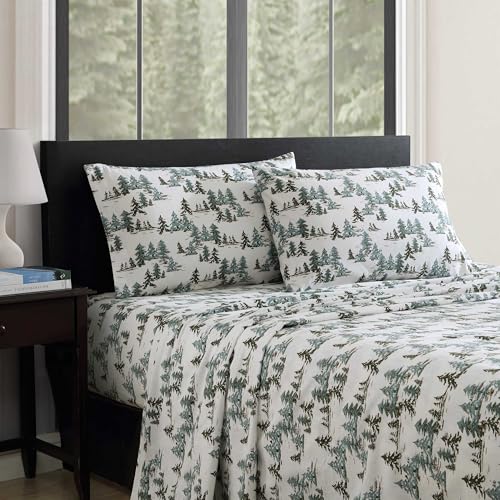 Image of Eddie Bauer - Flannel Sheets King Size, Anti-Pilling & Wrinkle Resistant Cotton, Touchably Soft for All-Season Comfort - Bed Sheets with Matching Pillowcases & Fitted Sheet (Snowy Pine Trees Green)