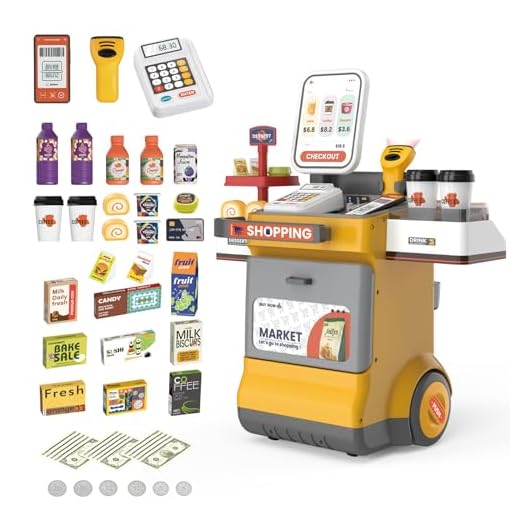 KalaDuck Niños Carrito de Caja Registradora, 48PCS Caja Registradora Supermercado Juguetes con Calculadora, Escáner, Dinero Juguete y Accesorios Compras, Tienda Juguete para Niños Regalo (Amarillo)