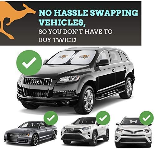 Car Windshield Sun Shade for Car and Truck, Sun Visor for Cars, SUVs, Trucks and Vans, Heavy Duty Automotive Interior Sun Protection, Retractable Windshield Sun Shade with Carry Pouch