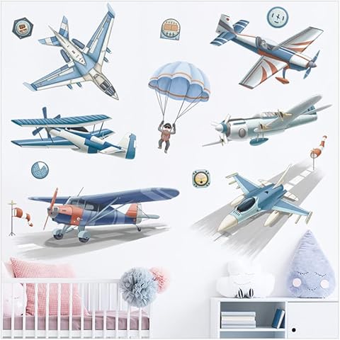 Silarlait Wall Stickers for Children's Room, Planes, Large Format, Wall Stickers for Children's Room, Aeroplane and Parachute Wall Stickers for Children's Room, Boys' Room, Watercolour Pack of 2 Cover