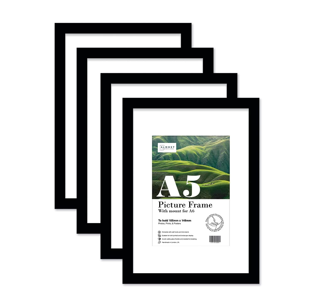 Almost Frameless A5 Black Picture Frame Set of 4, Display A6 Pictures with Mount or A5 Without Mount Gallery Wall, Poster, Photo, Artwork, or Print, Black