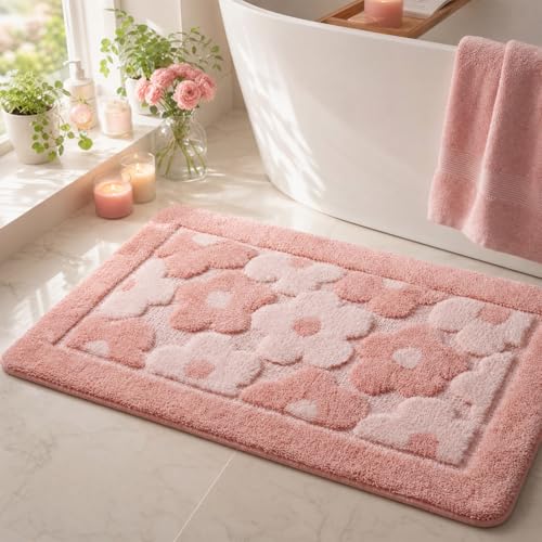 Aniced Pink Flower Bath Mat Cute Bathroom Rugs Floral Shower Mat 20' x 32'