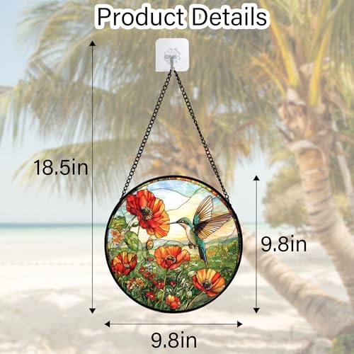 Image of DASTOLL Stained Glass Window Hanging, Hummingbirds Orange Flowers Suncatcher Diamond Glass Panel Hangings Sun Catchers Decor for Birthday for Women, Men, Wife, Aunt, and Mom 7.8 in