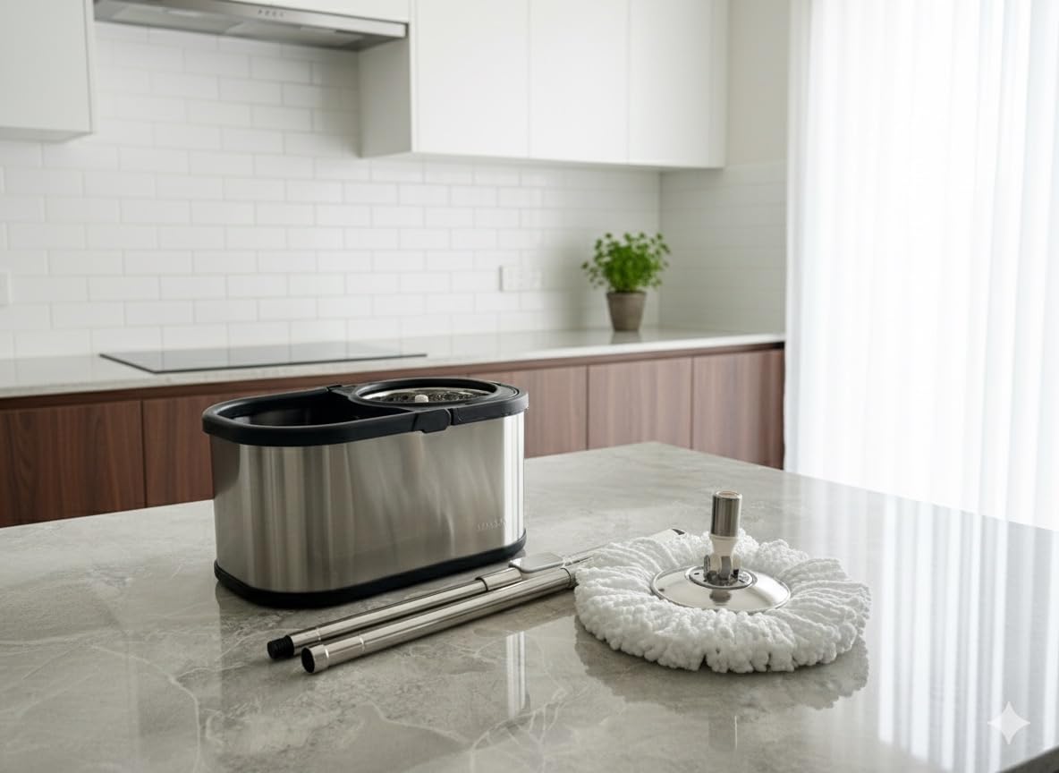EDRAN Serpillère Seau Essoreur Mop INOX – Lavage Sol, Système d'essorage Manuel activé par Le Manche Serpillière Microfibre 100%