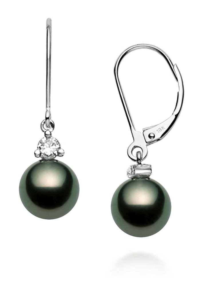 18k White Gold AAA Quality Black Tahitian Cultured Pearl Diamond Leverback Dangle Earrings
