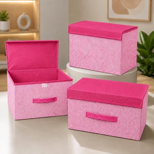 Image of VERVENIX Foldable Storage Box with Lid & Handle, Pack of 3 | Clothes Storage Organizer for Wardrobe | Non-Woven Storage Box for Clothes, Toys, Blankets & Linen | Foldable Home Organizer, Pink