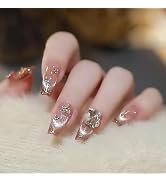 24pcs Cat Eye Press on Nails Medium Coffin, French Tip Fake Nails Rhinestone Glue on Nails Glitte...