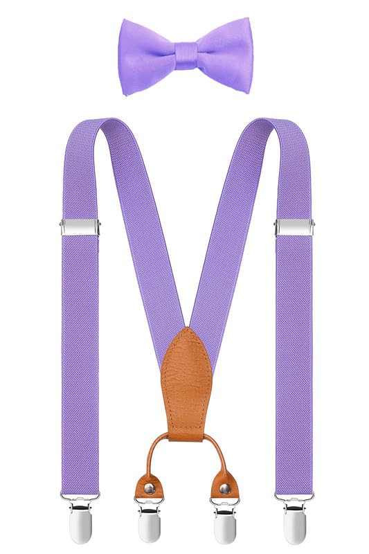 Shark Tooth Mens Suspenders and Bow Tie Set Adjustable with 4 Clips Wedding Parties Light Purple 47 IN