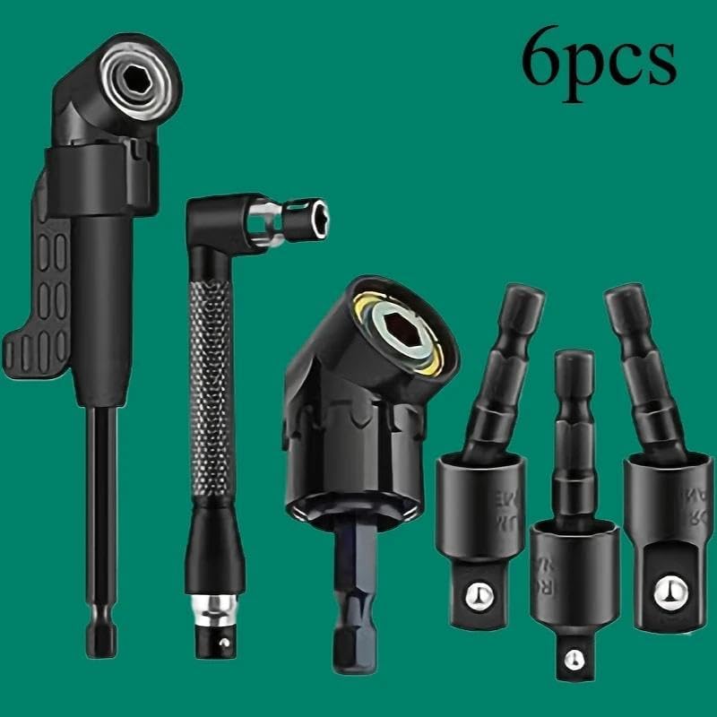 6pcs Right-Angle Drill Bit Accessory Set, Including 3 360° Rotatable 1/4, 3/8, 1/2 Inch Impact Grade Socket Adapters, 2 105° Hex Shank Angle Drill Adapters And 90° Bevel Drill Bit (6pcs)
