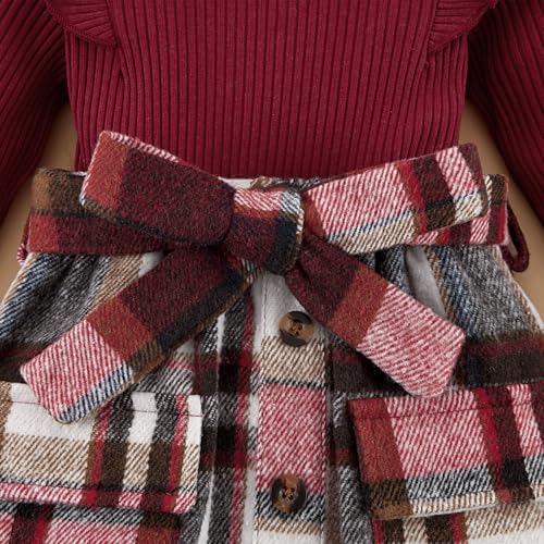 Image of Weixinbuy Toddler Girl Fall Winter Clothes Solid Long Sleeve Ribbed T-Shirt Knit Tops Plaid Button Mini Skirts Set Outfits