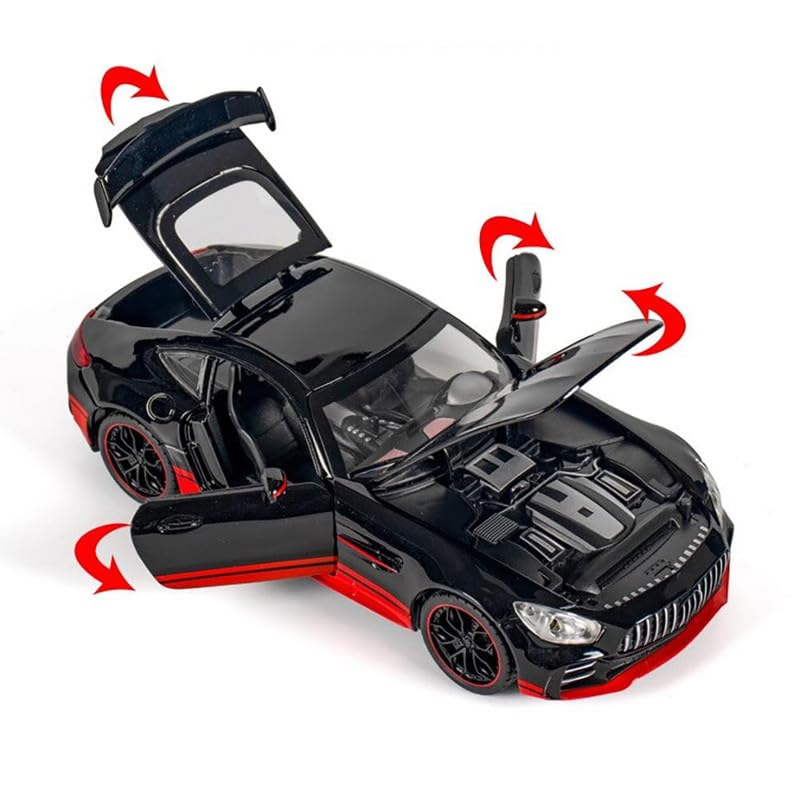 Image of Kids Model 1:24 Benz AMG GTR Die Cast Metal Car Pull Back Action Opening Doors with Realistic Engine Sound Lights Toy Car Gift for Boys - Red