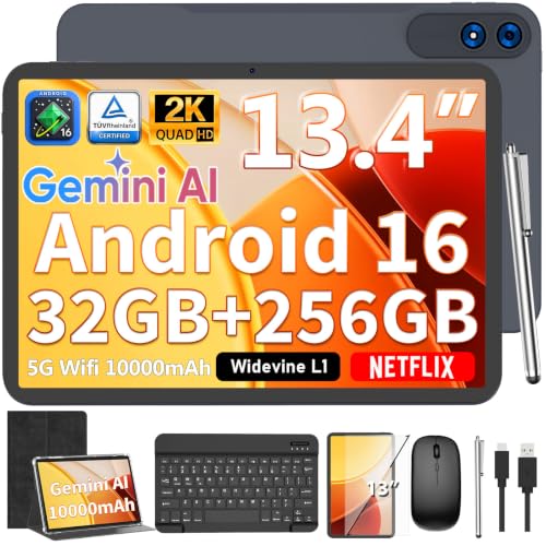 Image of 13 inch Tablet with Keyboard - 2026 Gemini AI Android 16 Tablet,Black Case | 32GB+256GB+2TB Expand, 2K Tablets PC with 8-Core, 10000mAh, 120Hz 1920x1200 Display, 2 in 1 Large Tablets with Mouse, Stylus