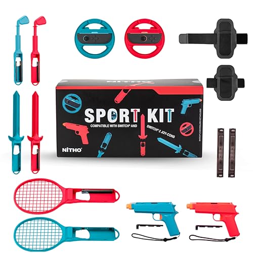 NiTHO Set Accessori Sport per Controller Compatibile con Switch 2, Bundle Giochi Sport con Volanti, Racchette, Spade e Pistole, Compatibile con Switch / OLED