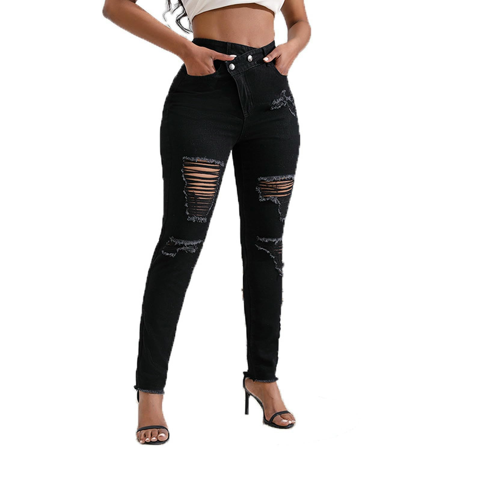 Jeans da Donna Fashion Denim Slim-Fit Strappato Lungo Neri A Vita Sexy per Donne-Azzurro-l