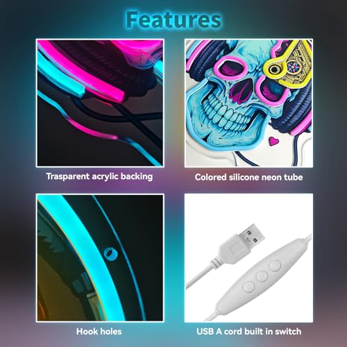 Image of Skull Neon Sign with Headphones,LED Gaming Neon Light,Dimmable USB Powered Neon Wall Sign for Gamer Room, Bedroom, Man Cave, Cool Aesthetic Neon Sign