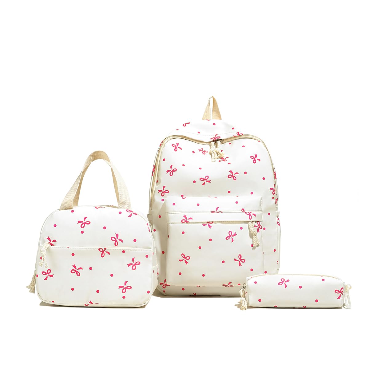 Avzyardy Girls Pink Bow 3-In-1 Kawaii Bow Backpack Set For Cute Aesthetic School Bag With Lunch Box & Pencil Case, Preppy Nylon Rucksack For Teens College Primary Secondary Students