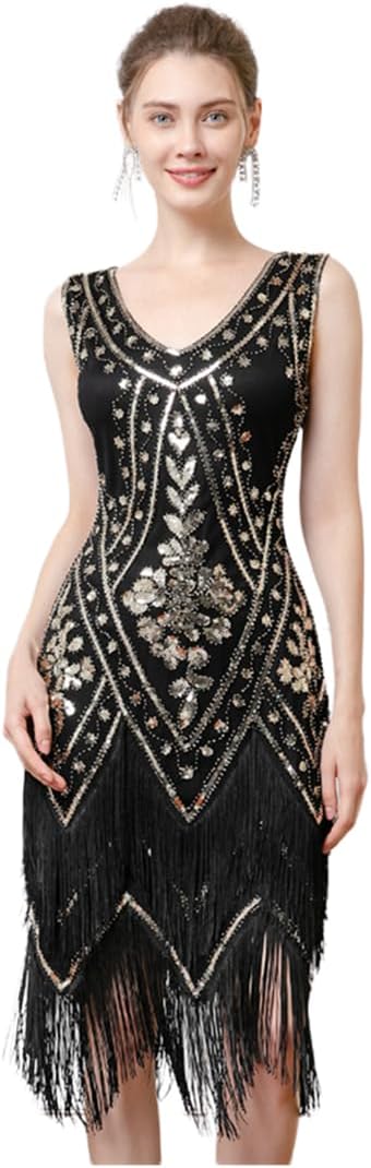 Generisch Flapperjurk voor dames, jaren 20, pailletten, franjes, vintage, Great Gatsby-jurk, cocktailjurk, Zwart goud., S