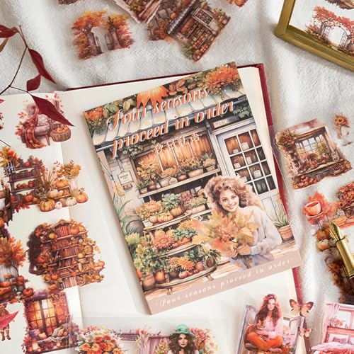 Image of Jaravik Seasons Theme Vintage Aesthetic Sticker Book - 20 Sheets Seasonal Scrapbook Stickers | | Cottagecore Planner & DIY Craft Supplies Scrapbooking Stickers (Autumn)