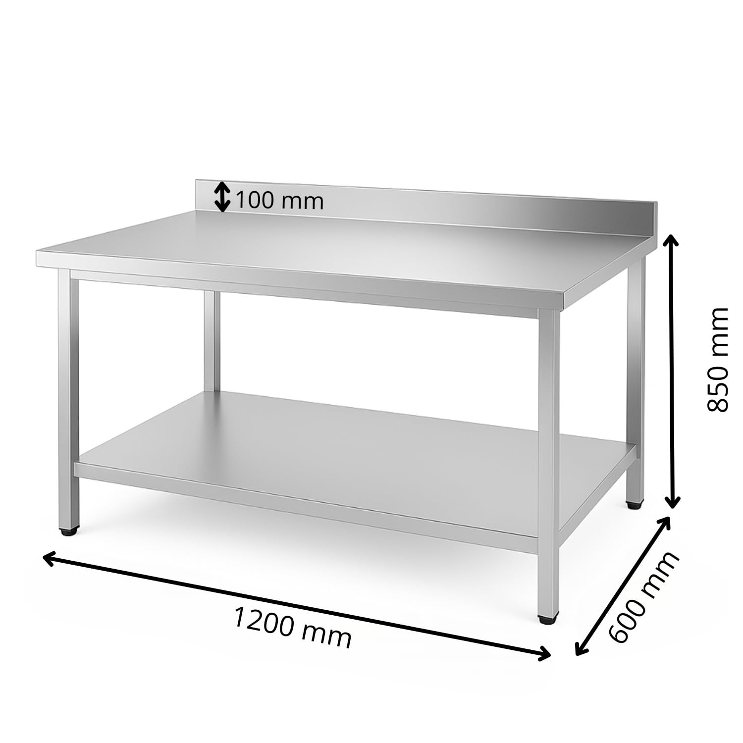 Table INOX Professionnelle Adossée – 1200 x 600 mm – Étagère Inférieure – Dosseret 100 mm – Plan de Travail Robuste 150 kg