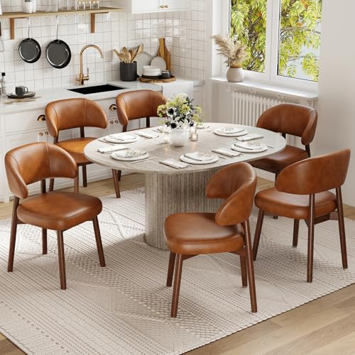 Image of MALOL 47 inch-63 inch Extendable Round to Oval Dining Table Chairs Set for 4-8, Modern Wooden Kitchen Table and Chairs with Hidden Storage and Fluted Design for Dining Room /Small Space(White and Brown)