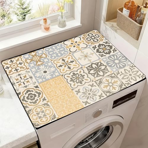 Image of Washer Dryer Top Cover Mat, Non-Slip Laundry Room Decor, Laundry Room Kitchen Appliance Decor Protector Universal 23.6 inchx19.7 inch (Vintage Tiles)