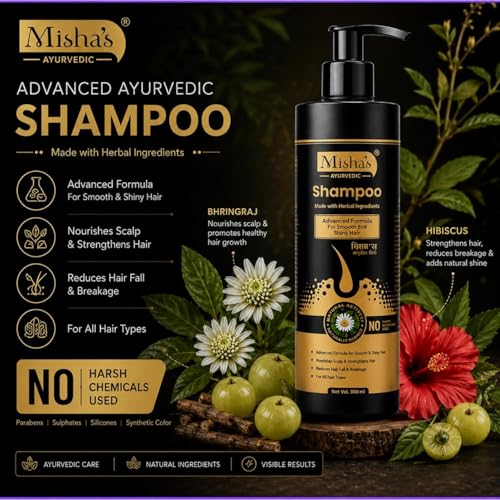 Image of MISHA'S AYURVEDIC Bhringraj Shampoo for Hair Fall Control & Hair Growth with Amla, Shikakai, Neem & Hibiscus for Dry and Damaged Hair | Sulphate Free for Men & Women 180ml (Pack of 2)